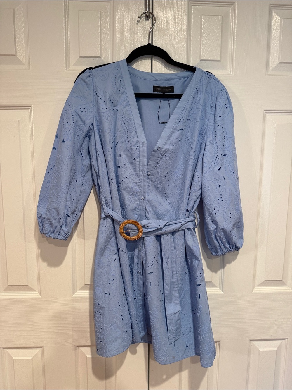 Zara-Light Blue Eyelet Belted Cotton Dress